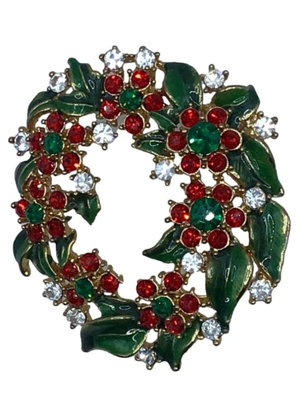 Christmas Wreath Brooch Red Green Rhinestone Pendant Option Gold Tone